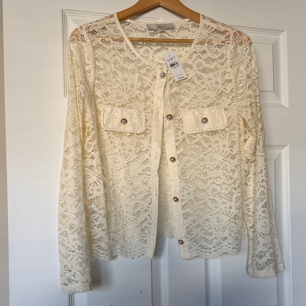 NWT LOFT Cream Lace Button-Front Top with Chest Pockets
